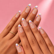 Daisy Floral French Medium Almond Press On Nails | Set of 24 reusable nails