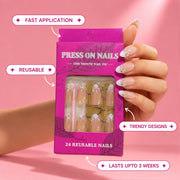 Daisy Floral French Medium Almond Press On Nails | Set of 24 reusable nails