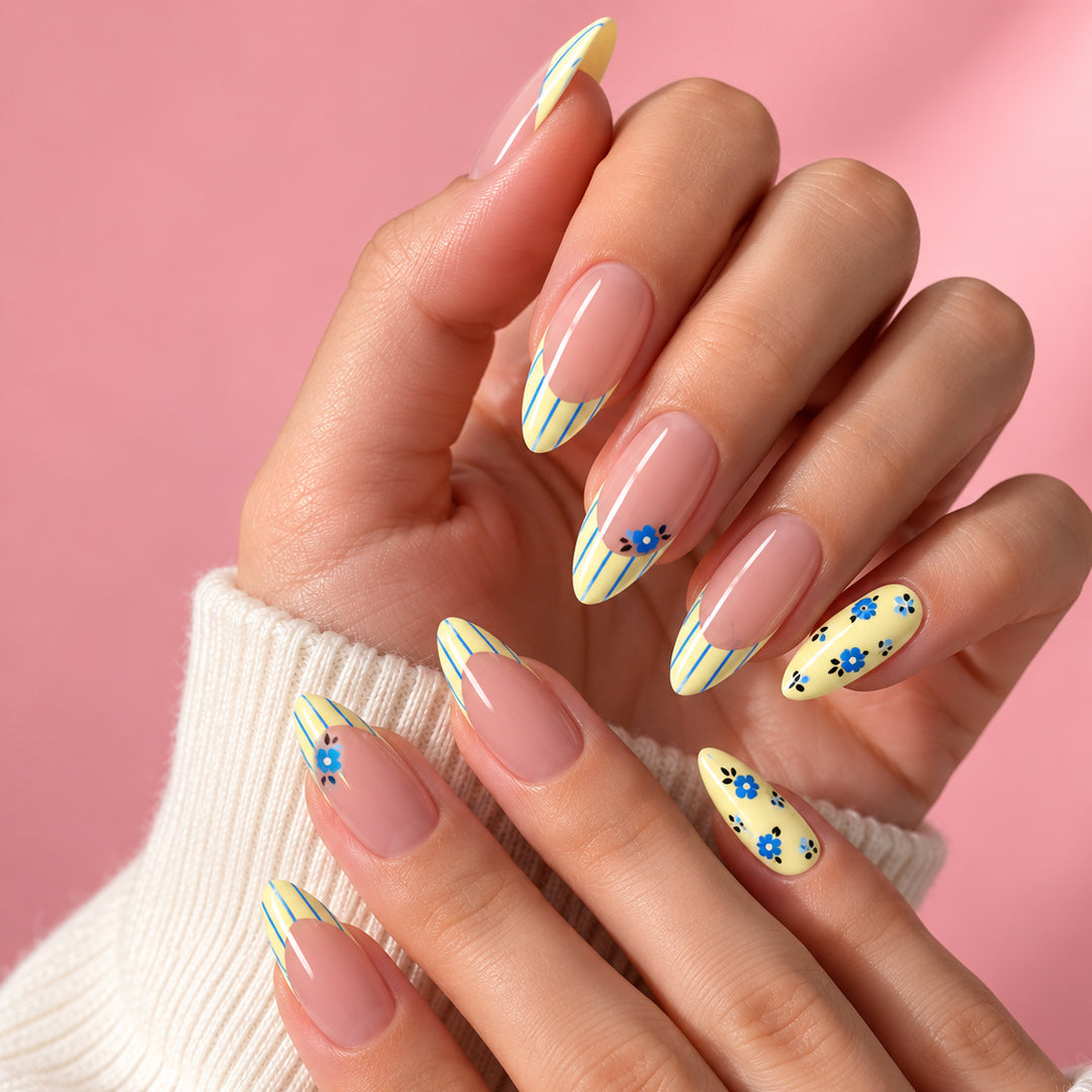 Lemon Bluebell Medium to Long Almond Press On Nails | Set of 24 reusable nails