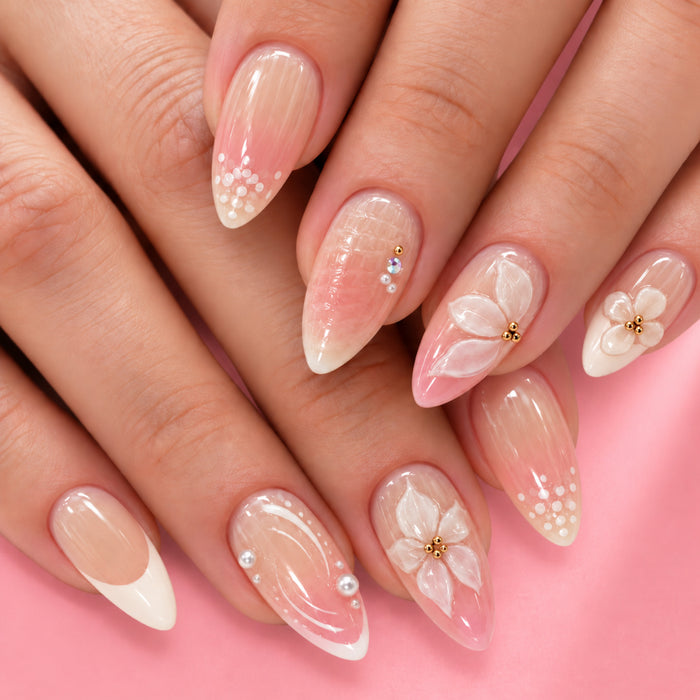 Pearl Petal Medium to Long Almond Press On Nails | Set of 24 reusable nails
